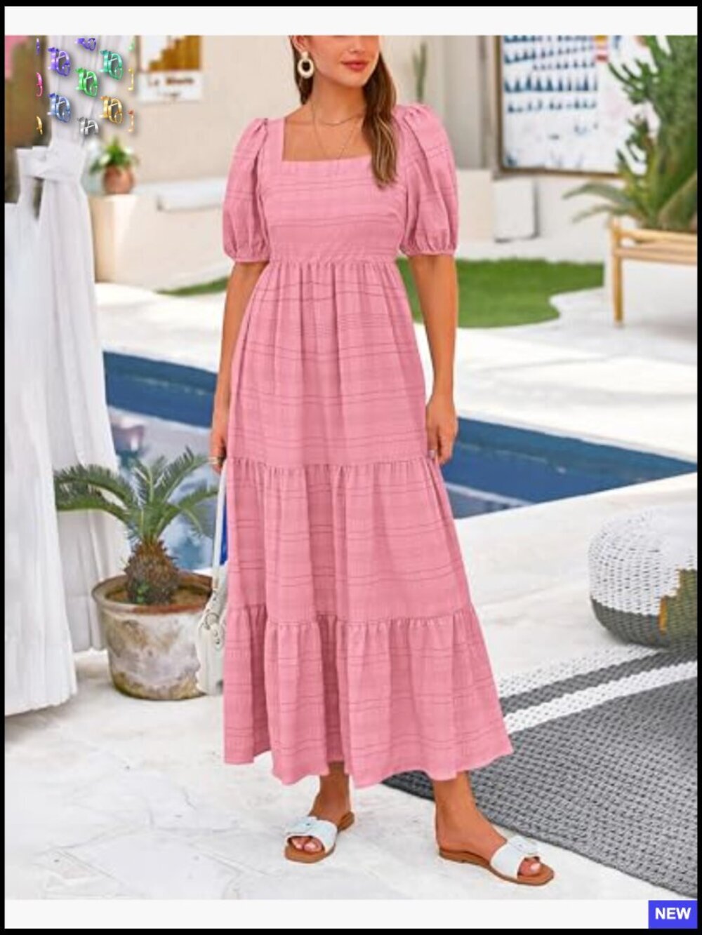 Puff Sleeve Square Neck Smocked Midi Dress Flowy A-Line High Waist Loose Fit - Picture 4 of 7